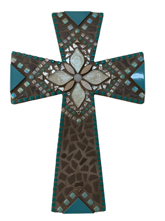Handcrafted Mosaic Wall Cross – 18x12" in Turquoise & Grey on Wood