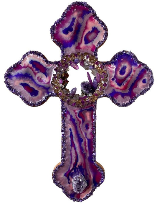 Cross Resin Purple Pink Fushia Hole in The Middle Amethyst Gem Crystal Wood Backing 16x11