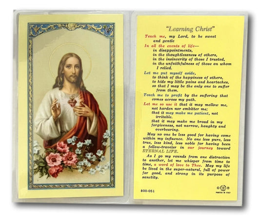 Laminated Catholic prayer card featuring the Learning Christ catechism, ideal for faith-based Christian devotion and prayer.