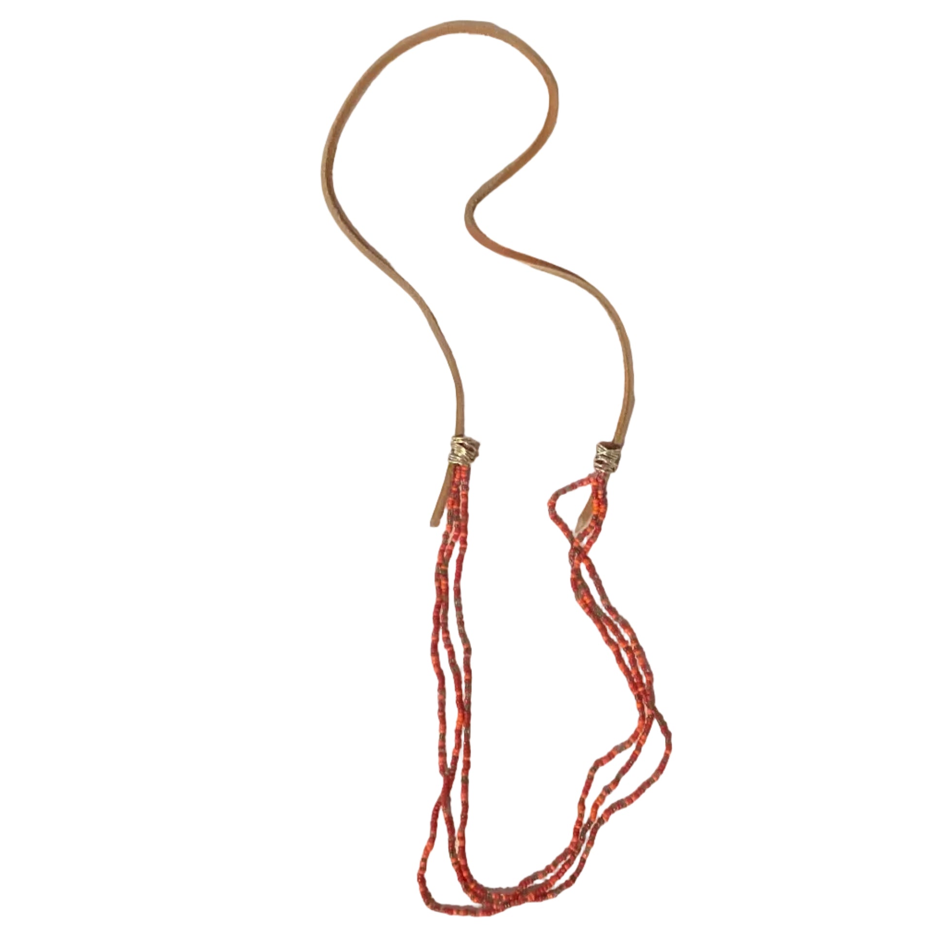Handcrafted 27-inch leather beaded necklace with rustic Southwestern artisan beads by Consuelo Barraza.