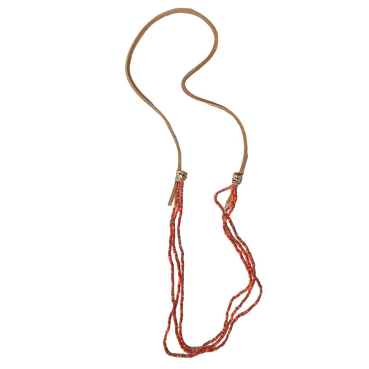 Leather 27-inch beaded Southwestern artisan necklace by Consuelo Barraza, featuring intricate beadwork and handcrafted design.