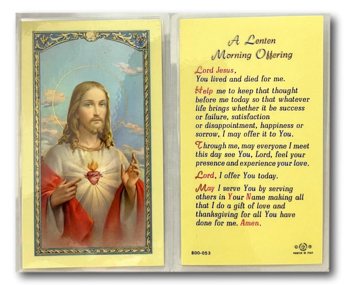 Lenten Morning Offering laminated Catholic prayer card from Ysleta Mission Gift Shop featuring daily Lent devotional prayer.