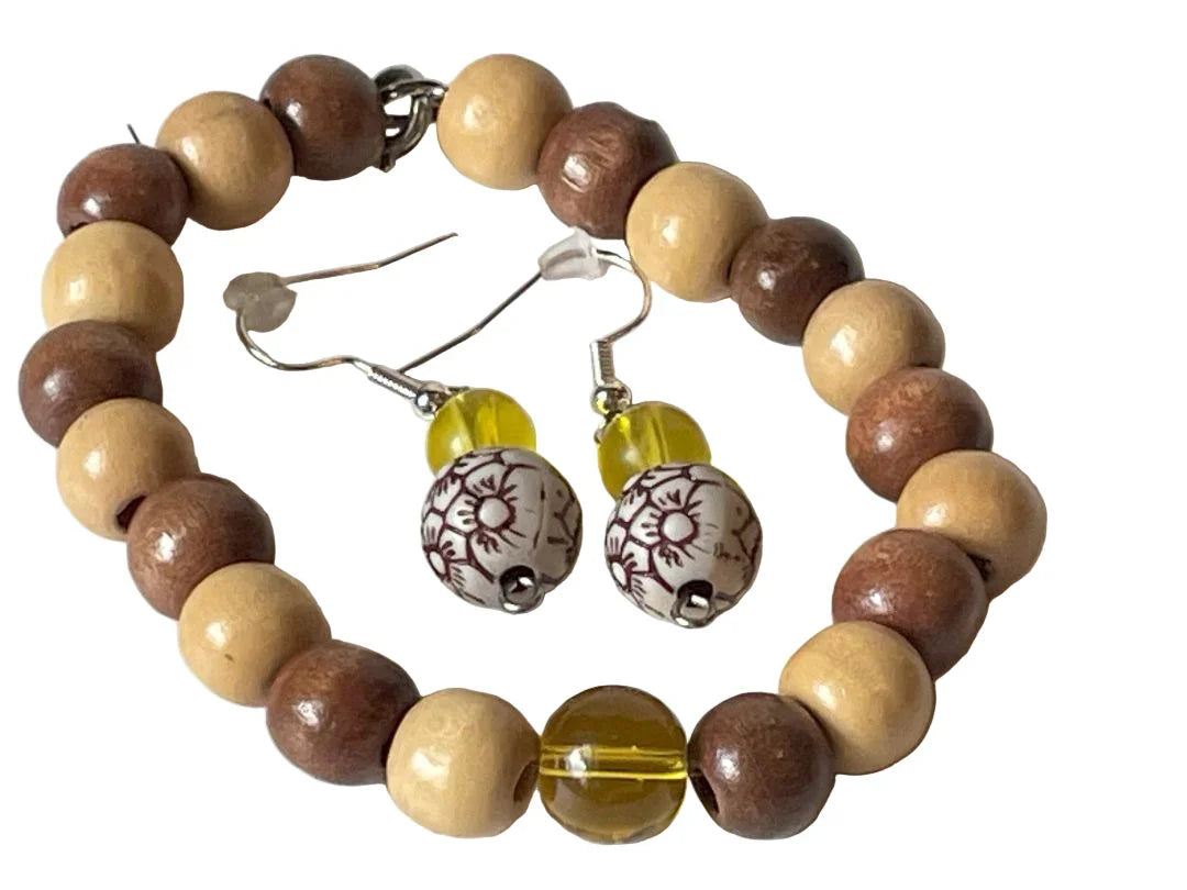 Light Brown Wood & Yellow Glass Bead Bracelet Earrings Set - Ysleta Mission Gift Shop