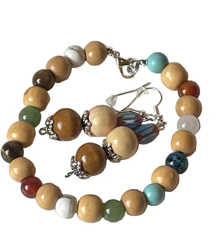 Light Wood & Mixed Stone Bracelet & Earrings Set – 7.5 Inch - Ysleta Mission Gift Shop