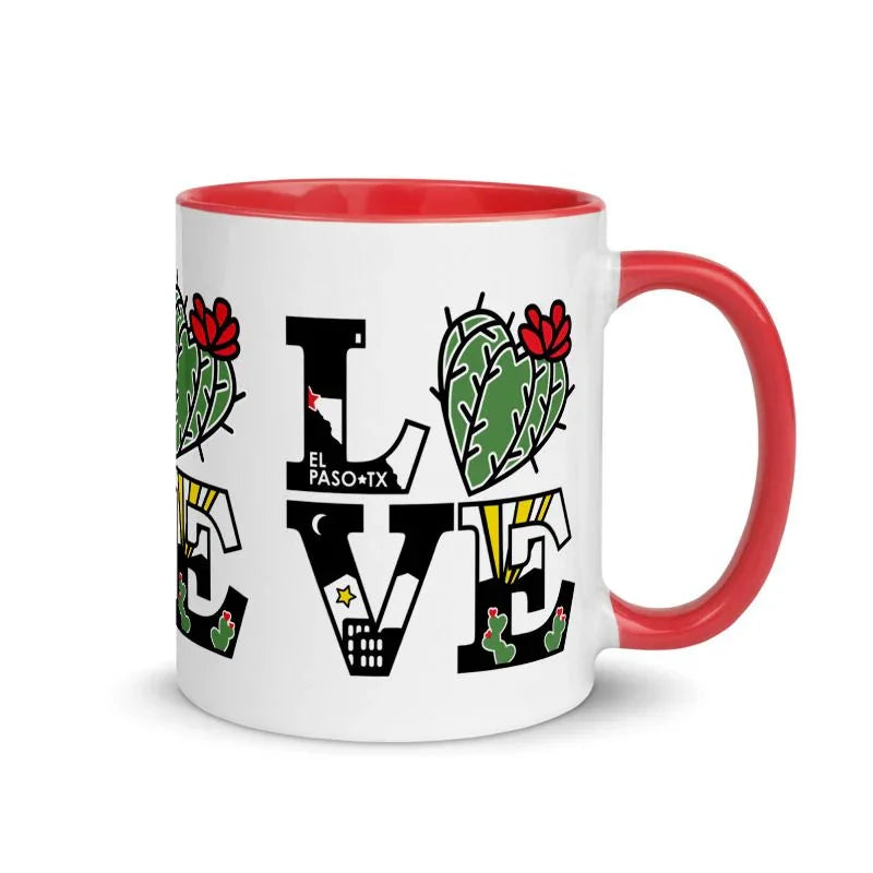 15 oz ceramic LOVE El Paso mug featuring local city art by Vanessa Clark, perfect for coffee or souvenirs.
