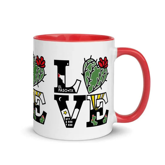 15 oz ceramic LOVE El Paso mug featuring local city art by Vanessa Clark, perfect for coffee or souvenirs.