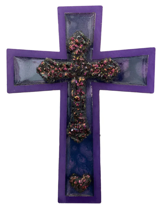 Resin purple cross magnet on wooden base, Catholic Christian gift with cross center design by Brigitte Rosson.