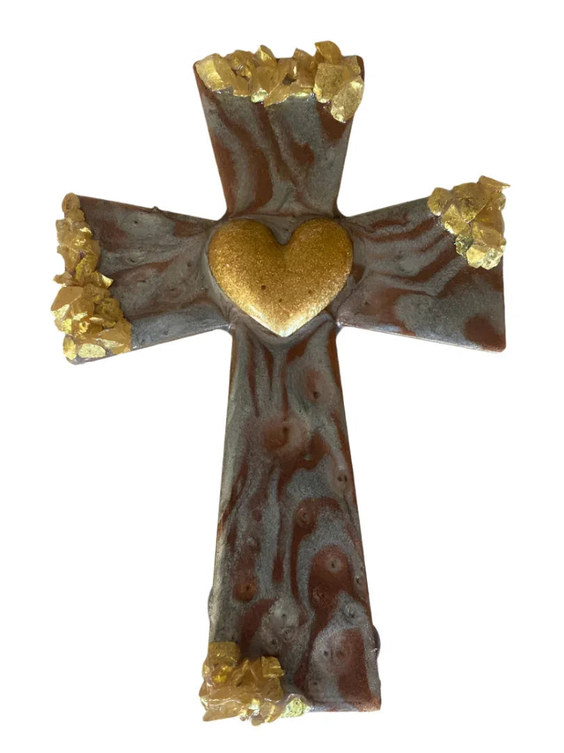 Gold resin cross on wood with gold stones and heart design, Catholic Christian gift by Brigitte Rosson, 6x4 inches.