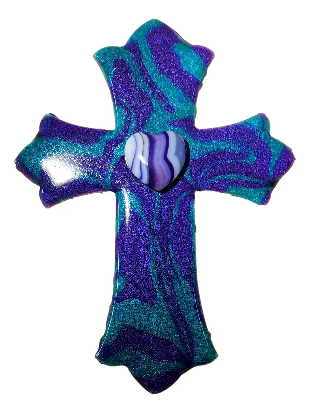 Decorative 5x3.5 inch resin and wood Catholic cross magnet by Brigitte Rosson, featuring Christian religious design.