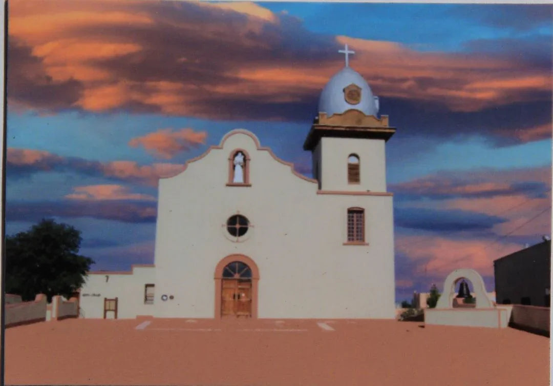 Ysleta Mission magnet with clouds, 2.5 x 3.5 inches, El Paso souvenir magnet by Miguel Martinez showcasing the historic site.