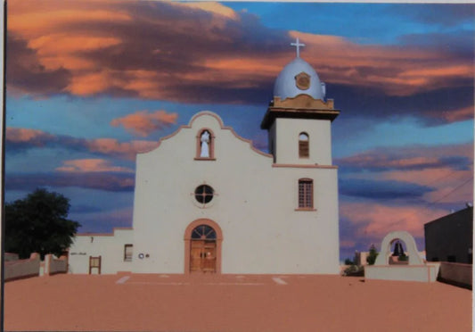 Ysleta Mission magnet with clouds, 2.5 x 3.5 inches, El Paso souvenir magnet by Miguel Martinez showcasing the historic site.