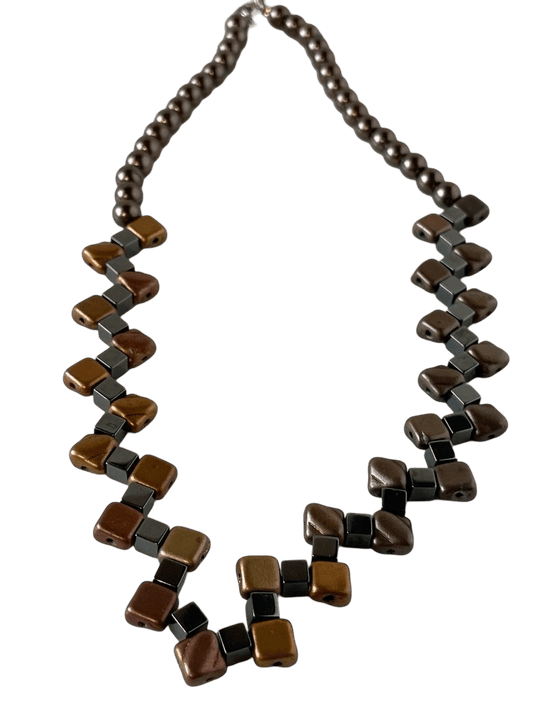 Metallic Brown Zig-Zag Bead Necklace - 15-Inch with Lobster Clasp