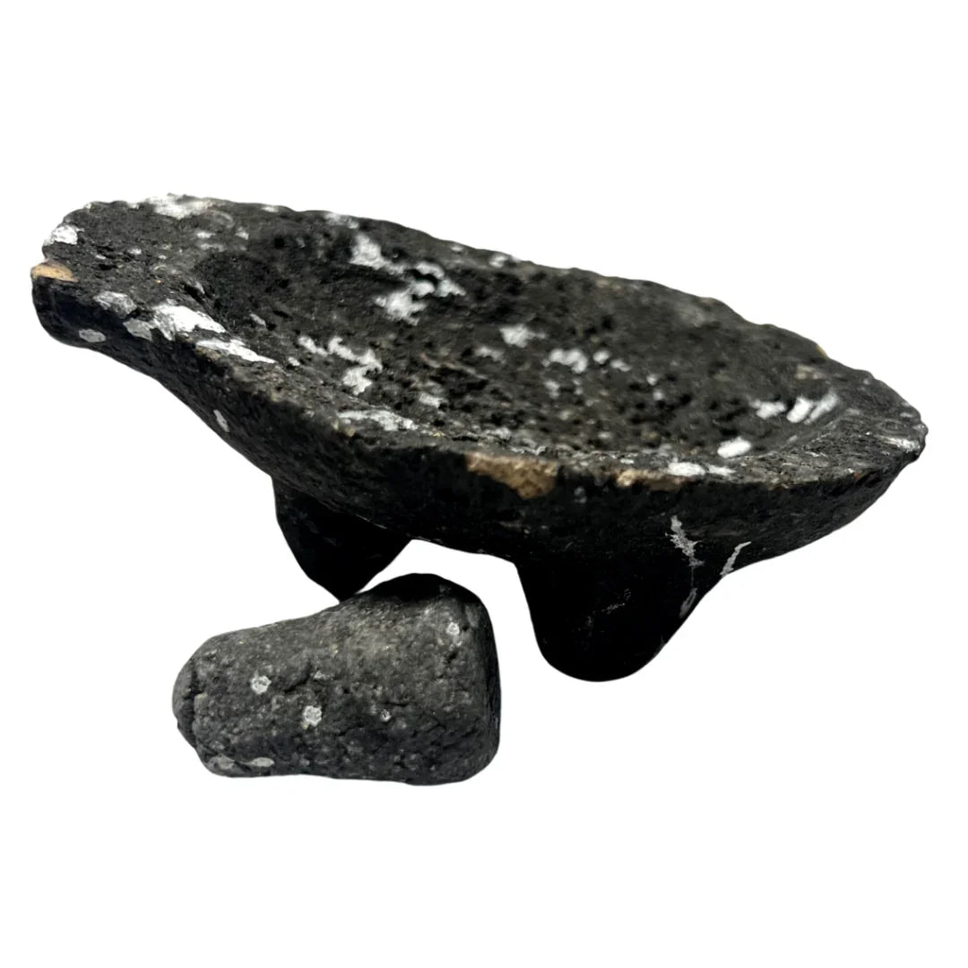 Mini 3-legged molcajete with mano, a Mexican stone grinder replica for home and garden tablescape decor.