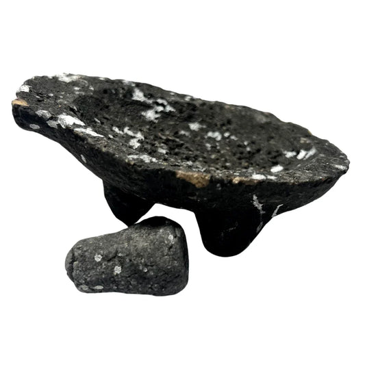 Mini 3-legged molcajete with mano, a Mexican stone grinder replica for home and garden tablescape decor.