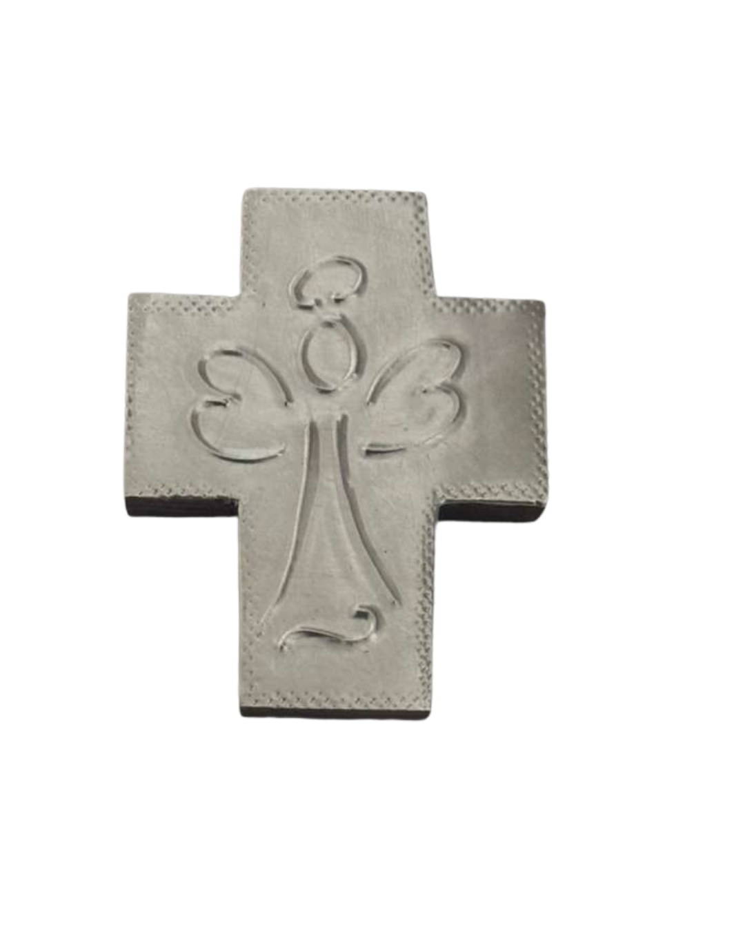 Mini cross angel with embossed metal details on wood, measuring 3 inches by 2.5 inches, Christian gift by Marilu Fuentes