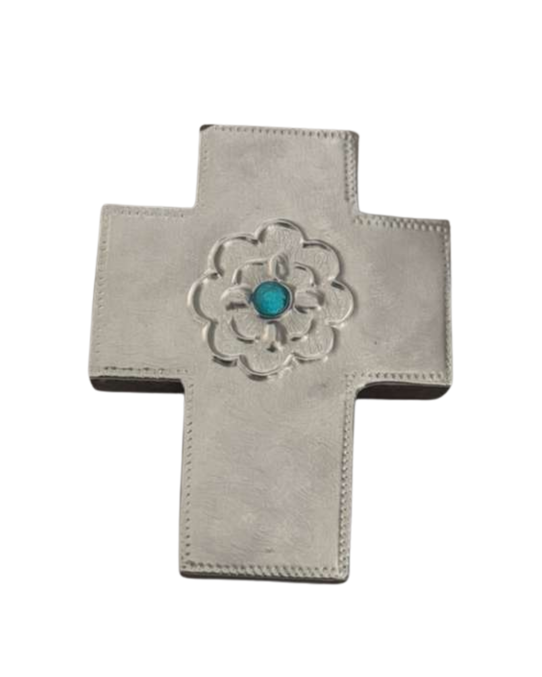 Mini Cross Light Blue Center Accent Stone Metal Embossed Wood  L3 W2.5 - Ysleta Mission Gift Shop