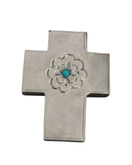 Mini light blue cross with central stone, metal embossing on wood, Catholic Christian gift by Marilu Fuentes, measures 3x2.5 inches.