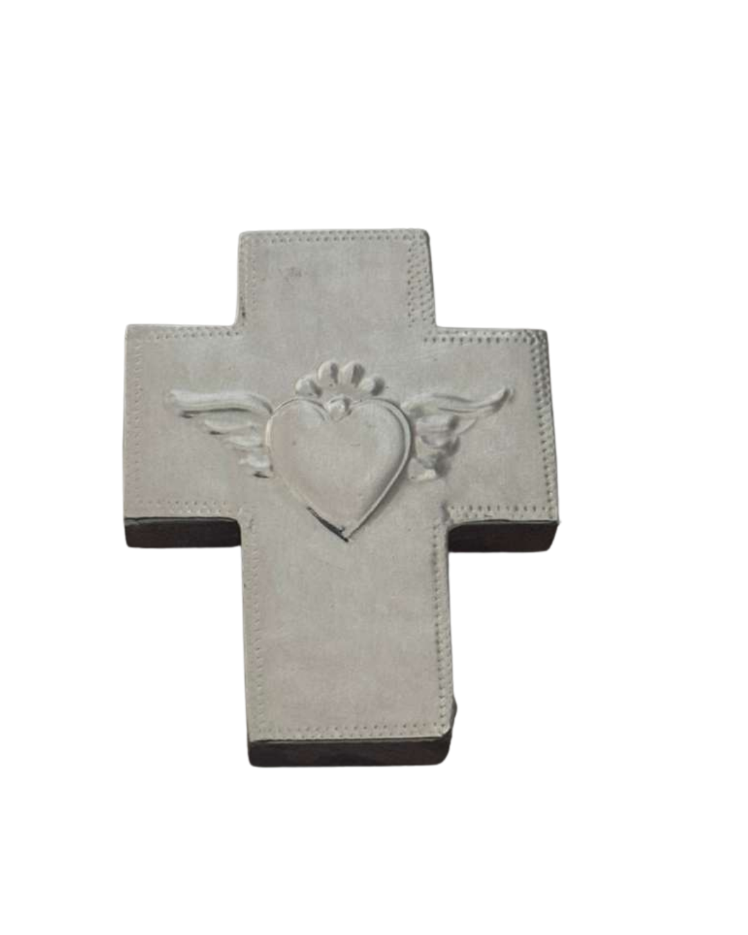 Mini Catholic cross with Sacred Heart design, metal embossed on wood, by Marilu Fuentes, measuring 3 inches by 2.5 inches.