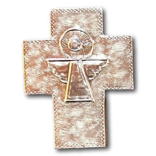 Mini 3x2 inch hand-embossed aluminum crosses with angel design on real wood, Catholic faith decor by Marilu Fuentes.