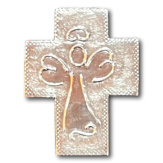Hand-embossed aluminum mini crosses with angel designs on real wood, modern Catholic faith decor by Marilu Fuentes.