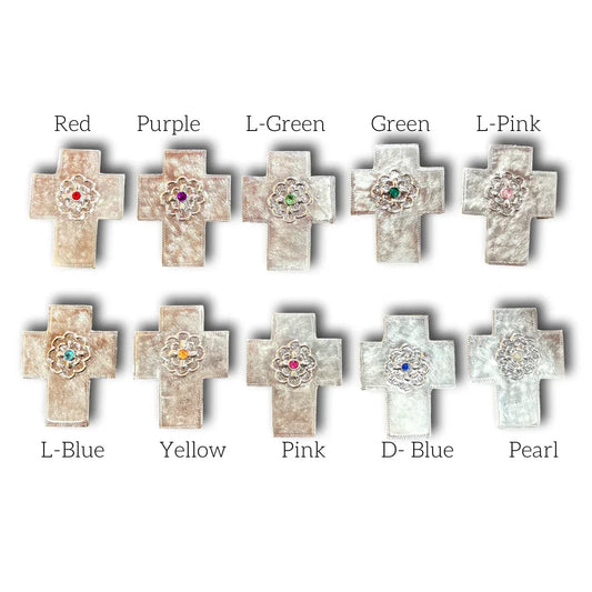 Mini wood cross with embossed aluminum and a birthstone, personalized Christian gift, 3x2 inches, handcrafted by Marilu Fuentes.