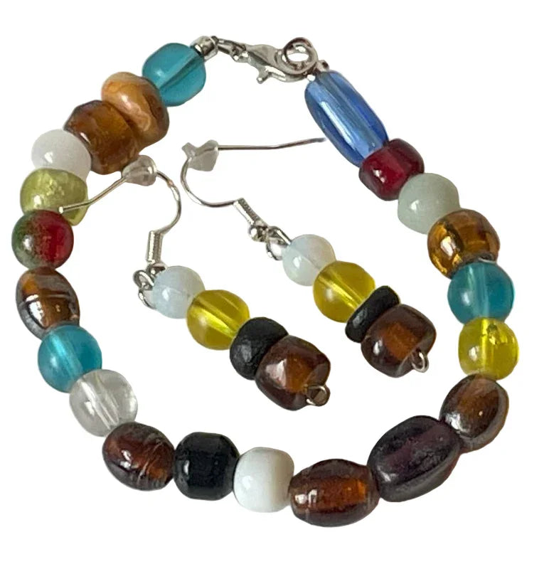 Mixed glass bracelet and 1-inch earrings by Sylvia Leroux featuring colorful glass beads and elegant jewelry design.