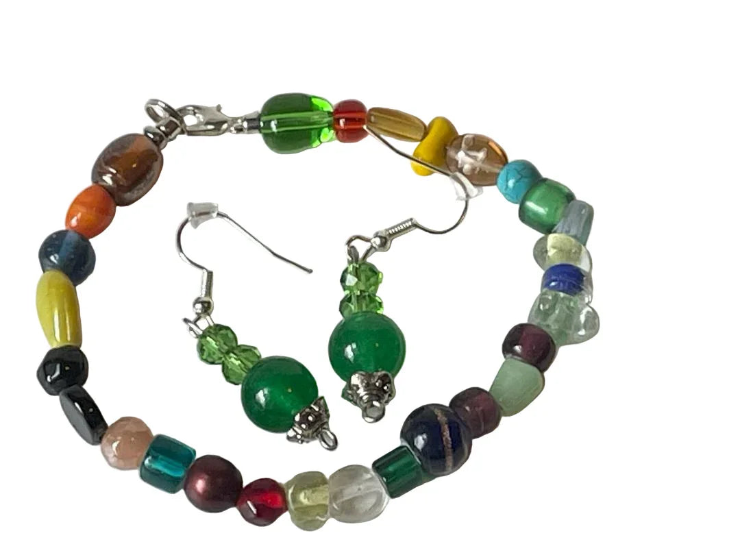 Mixed Glass Bracelet & Green Glass Earrings – Silver Clasp – 7 Inch - Ysleta Mission Gift Shop