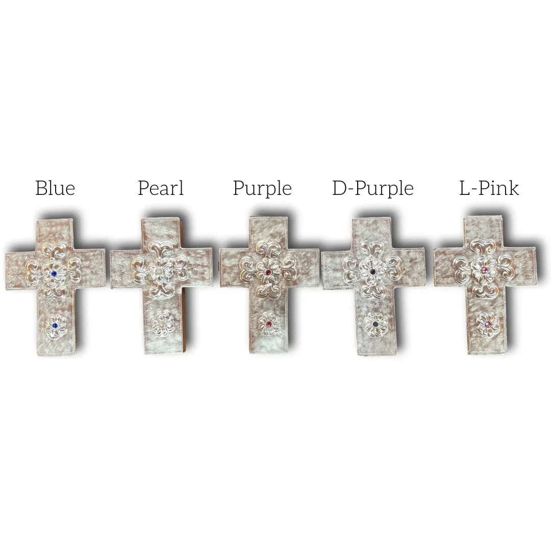 Hand-embossed aluminum cross with floral design and real wood backing, Christian wall art by Marilu Fuentes.