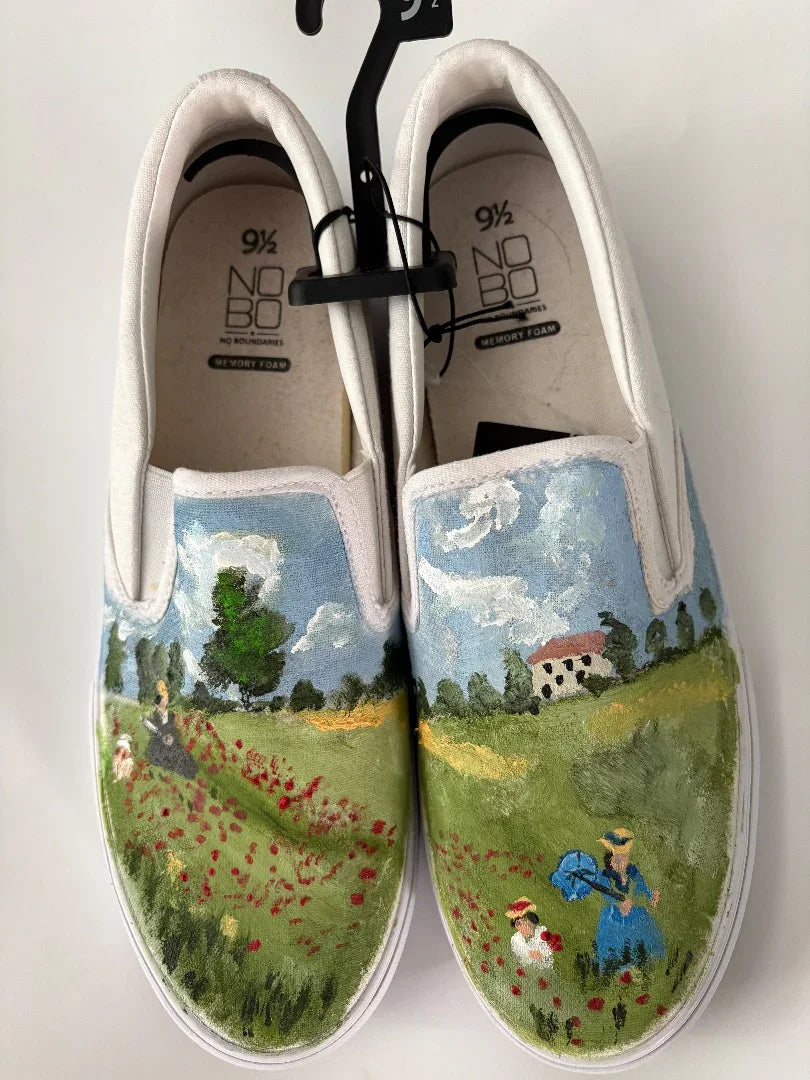 Women’s size 9.5 Monet Poppies hand-painted canvas shoes by Cheryl Peterson featuring vibrant floral artwork.