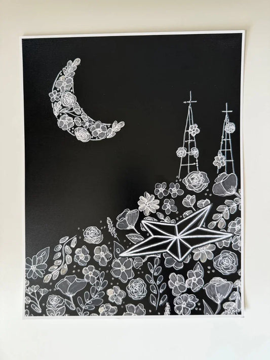 Monochrome Midnight Floral Crescent Moon and El Paso Star art print by Krystal Molina, 11.25×14.5 inches, home decor artwork