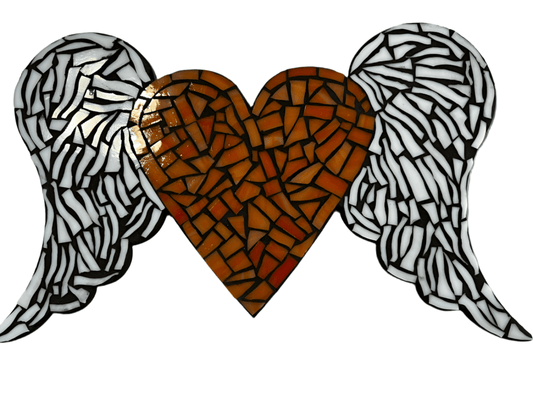 Mosaic Glass Tile Orange Heart with Wings – Handpainted Ceramic with Acrylic Design