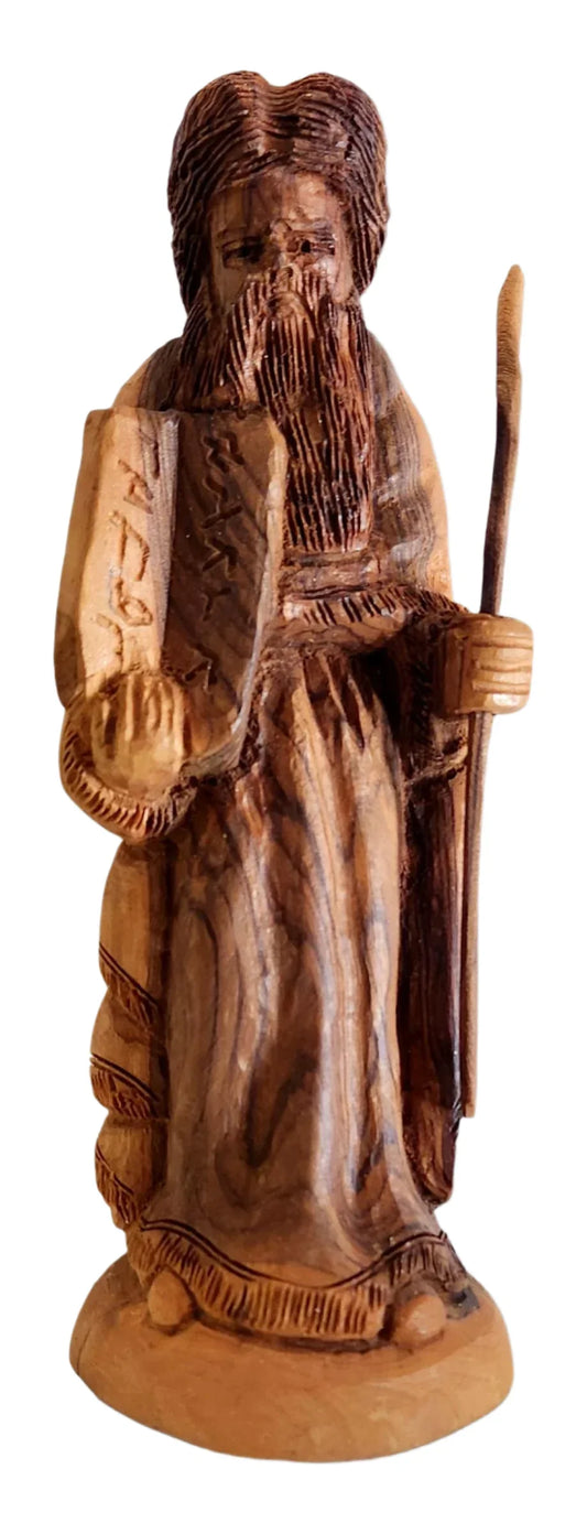 Handcarved wooden Moses statue holding tablets, 8.5 inches tall, representing the Commandments, Catholic and Christian gift.