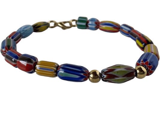 Multi-Color Tubular Bead Bracelet - 8-Inch with Gold Accent Beads & Lobster Clasp