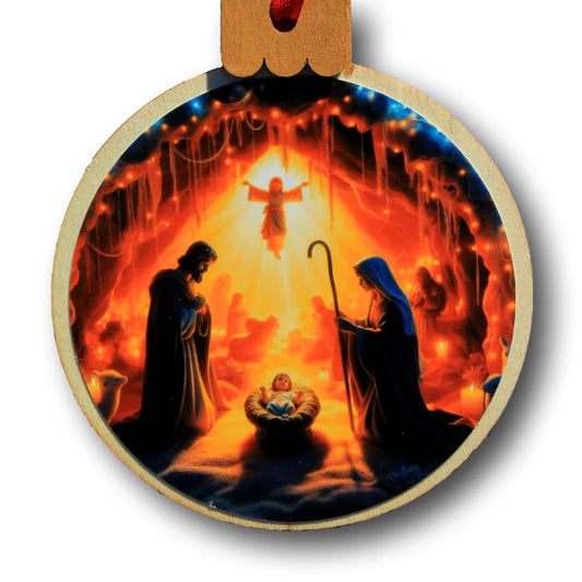 Nativity Angel & People Ornament – Wood Round, 3.77 x 4.29 in