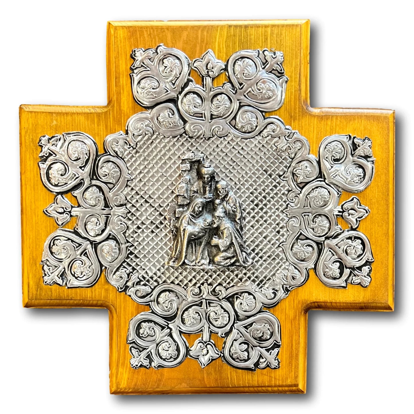 Nativity Set Cross Hand-Embossed Aluminum Design | Real Wood Backing | Christmas Religious Decor