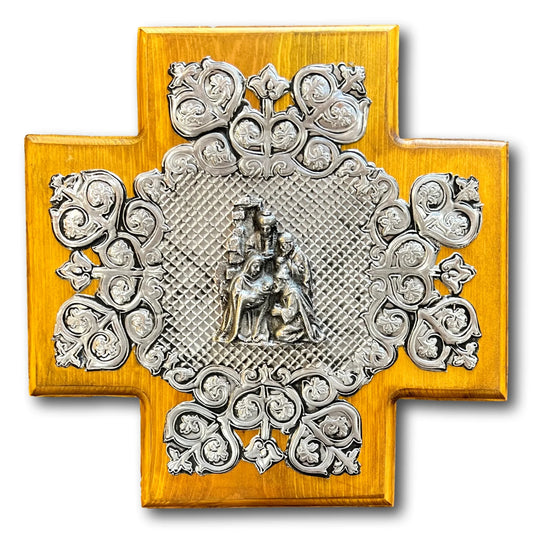 Hand-embossed aluminum nativity scene cross with real wood backing, Catholic Christian Christmas religious decor by Marilu Fuentes.