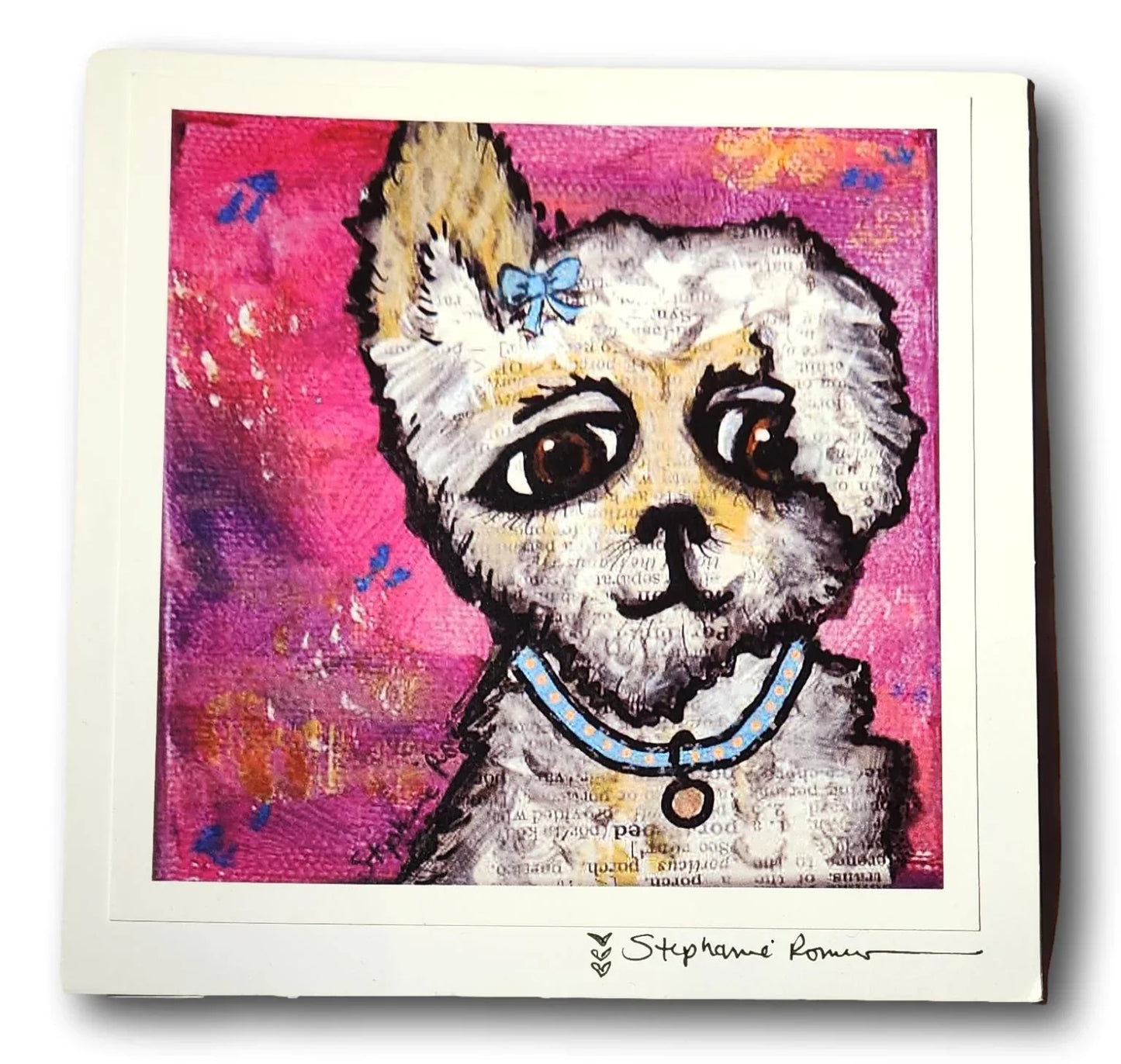 Colorful mixed media painting of a white dog with a blue bow and collar on vibrant pink background