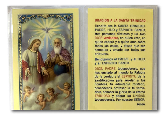 Laminated prayer card featuring the Oración a la Santa Trinidad for divine union, a Catholic devotion card in Spanish.