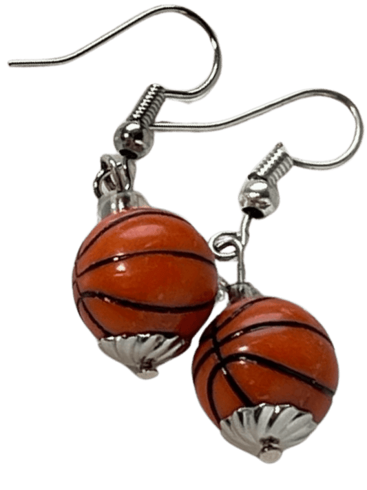 Orange Black Resin Basketball Earrings - Dangle Design with Silver Bead Caps