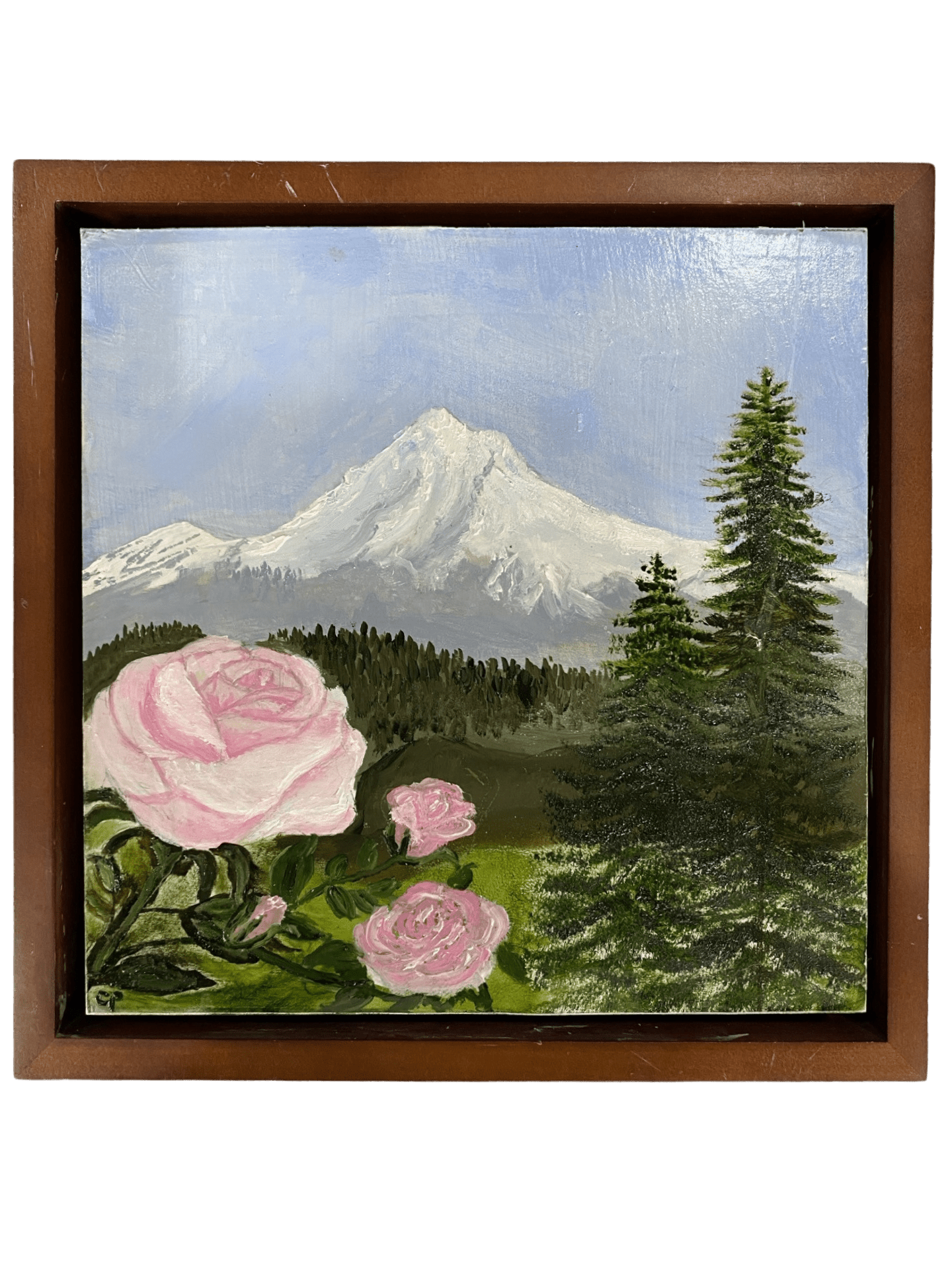 Original Art Mt. Hood Rose – Framed Oil on Wood Panel (8x8)