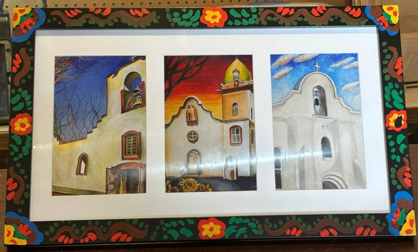 Original Art Prints of El Paso Mission Trail with Hand-Painted Frames - 15x9, Floral Design