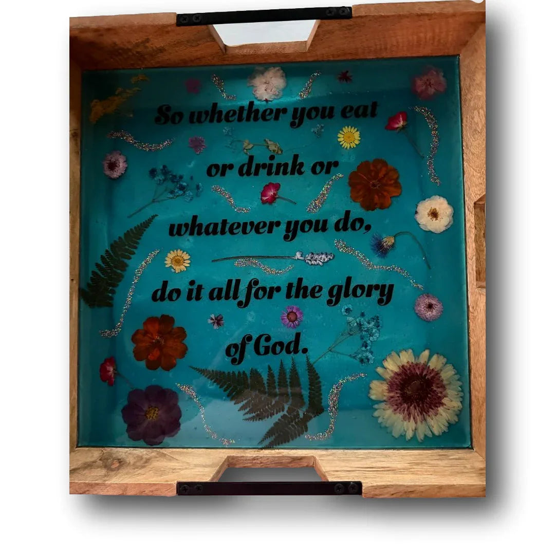 Original Resin Wood Tray – Handcrafted with Inlaid Dried Flowers - Ysleta Mission Gift Shop