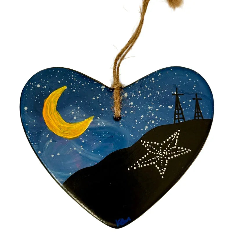Blue heart-shaped El Paso Starry Night Christmas ornament by Krystal Molina, 4x3.75 inches, seasonal holiday decoration.