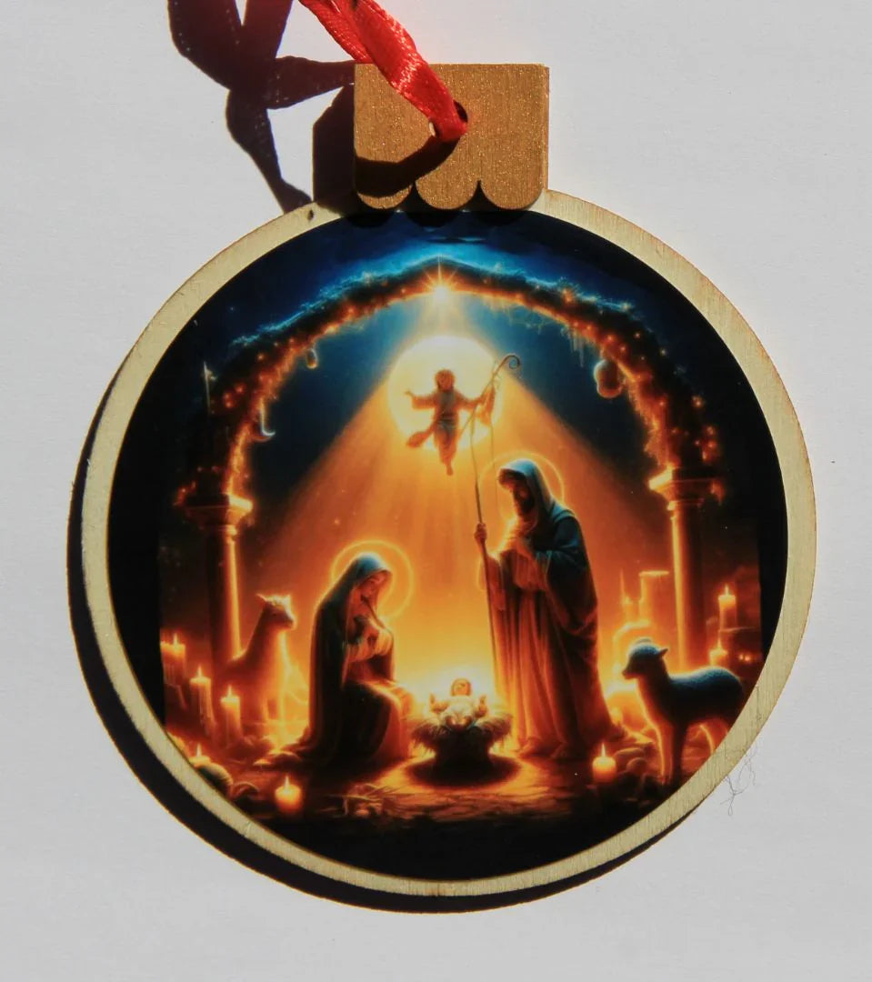 Wood round nativity ornament with angel, Christmas holiday decoration by Miguel Martinez, 3.77 x 4.29 inches.