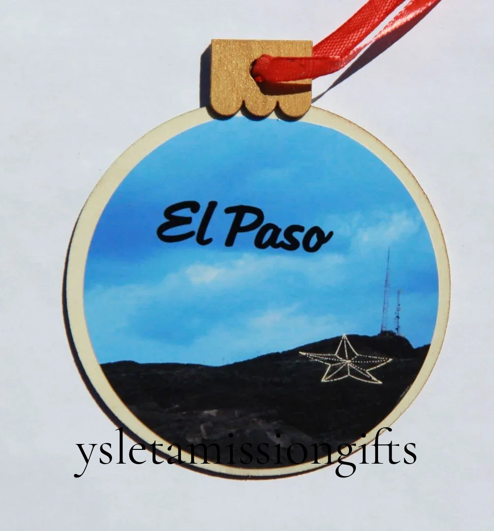 Ornament Star W Blue Sky, Wood Round 3.77 X 4.29In - Ysleta Mission Gift Shop