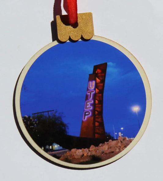 Ornament Utep Pik, Wood Round 3.77 X 4.29In - Ysleta Mission Gift Shop