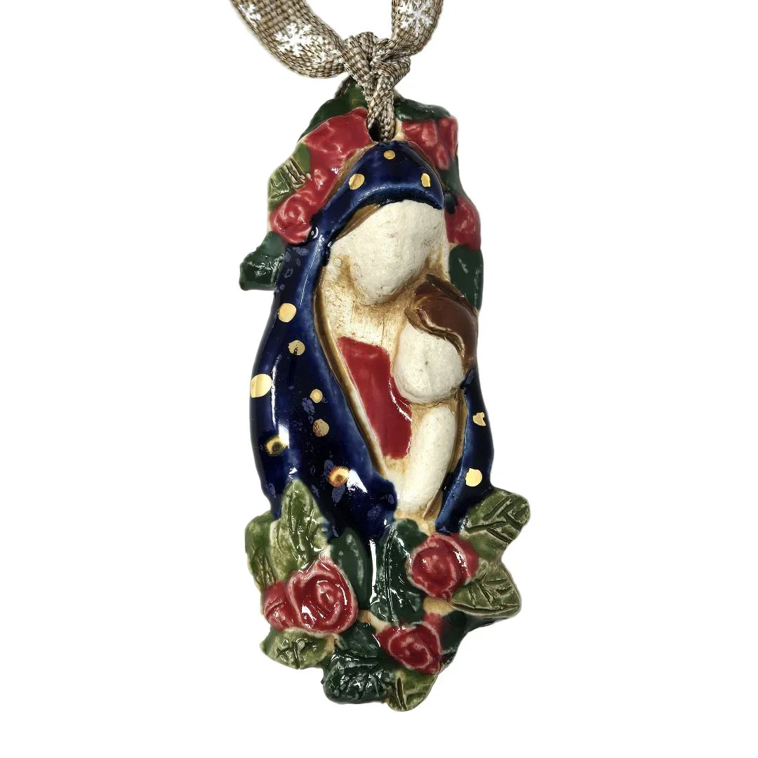 Handmade ceramic Virgen and baby ornament with metallic gold highlights, decorative home decor by Vanessa Clark.