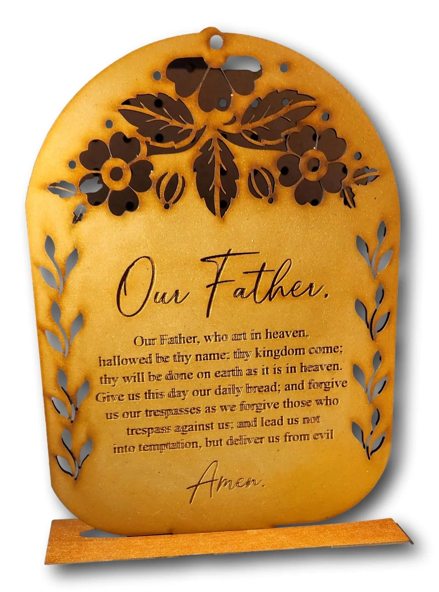 Laser cut wood Our Father prayer plaque with copper-tone detachable base, 8x10 inches, Catholic Christian devotional gift by Norma Cordova.
