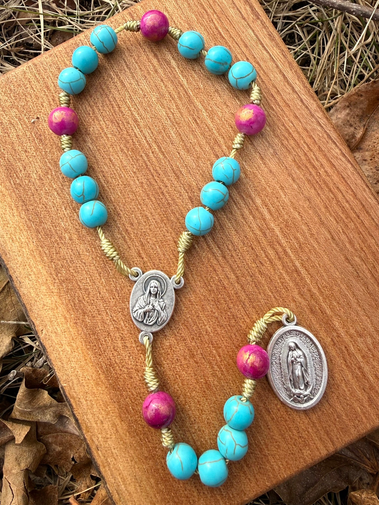 Catholic Our Lady of Guadalupe Jasper Chaplet by Liza Murphy with beaded rosary and religious medal for Christian devotion.