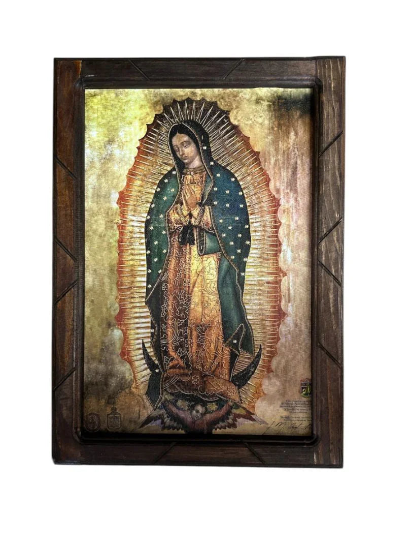 Catholic Our Lady of Guadalupe religious print with wood frame, Mexican-inspired Christian artwork, 13 x 17.5 inches.